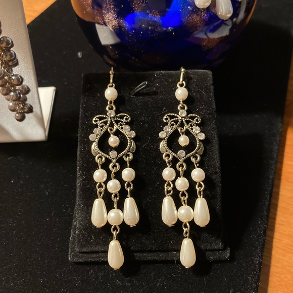 Cream faux pearls & crystals set in gold tone metal hook earrings